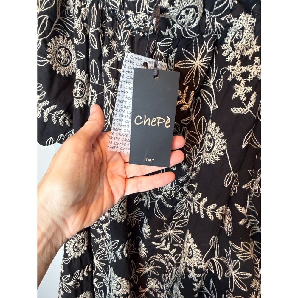 Chepé NWT Black Floral Off Shoulder Dress Italy Boho Romantic Mini Puff Sleeve - Picture 6 of 8